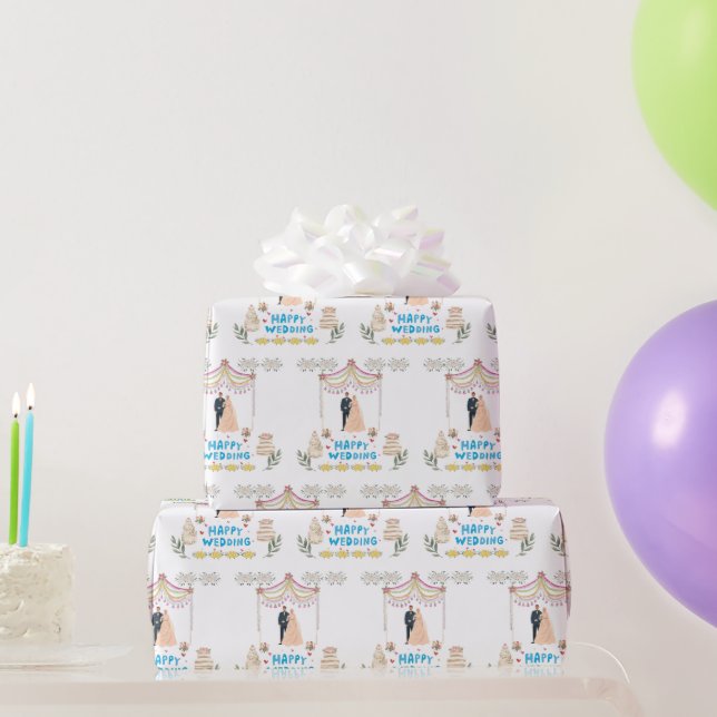 Papier Cadeau Happy Wedding Wrapping Paper – White Background  (Cadeaux de fête)