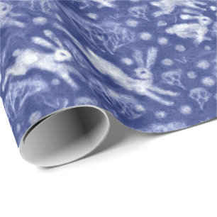 Papier Cadeau Hares Neige Champ Blanc lapins Motif d'hiver Bleu
