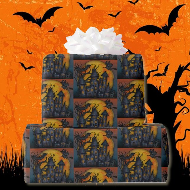 Papier Cadeau Hauned House Flying Witches Halloween Dark (30 inches wide available in 5 lengths)
