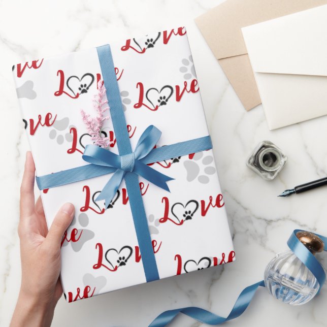 Papier Cadeau Heart Dog Paw Prints With Love Text (Cadeaux)
