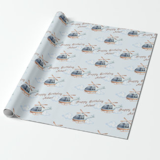 Papier Cadeau Hélicoptère d'aquarelle bleu personnalisé d'annive