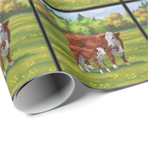 Papier Cadeau Hereford Cow & Cute Calf dans les pâturages d'été