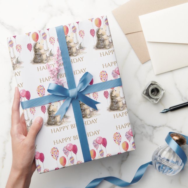 Papier Cadeau Hérisson avec ballons roses Joyeux anniversaire (Cadeaux)