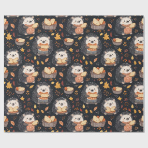 Papier Cadeau Hérisson mignon avec pain et feuilles d'automne