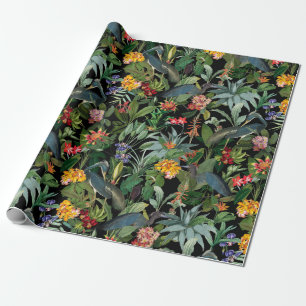 Papier Cadeau Héron bleu antique et motif de fleurs tropicales