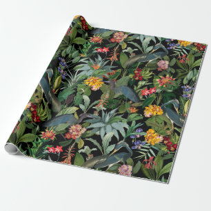 Papier Cadeau Héron bleu antique et motif de fleurs tropicales