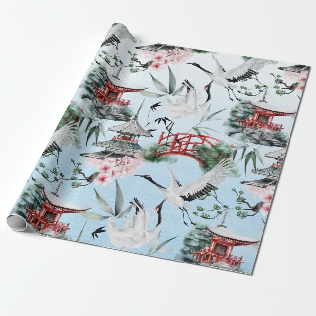 Papier Cadeau Hérons japonais aquarelles (Déroulé)