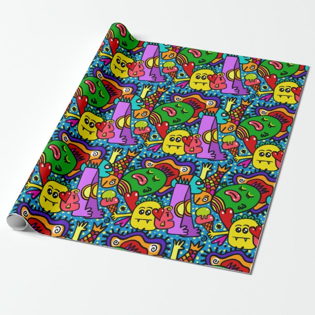 Papier Cadeau HEUREUX papier d'enveloppement MONSTER (Déroulé)