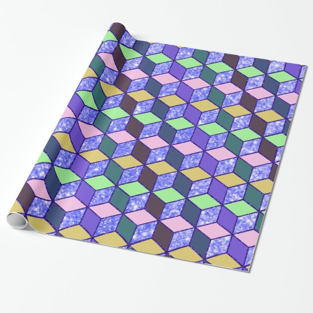 Papier Cadeau Hexagon en forme de diamant Parties scintillant bl (Déroulé)