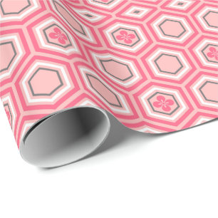 Papier Cadeau Hexagonal Kimono Print, Coral rose et blanc