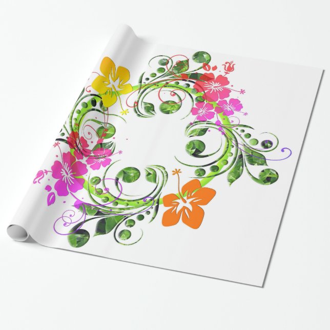 Papier Cadeau Hibiscus couronne de fleurs tropicales (Déroulé)