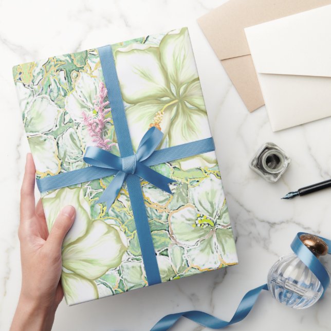 Papier Cadeau Hibiscus & dentelle BLANC (Cadeaux)
