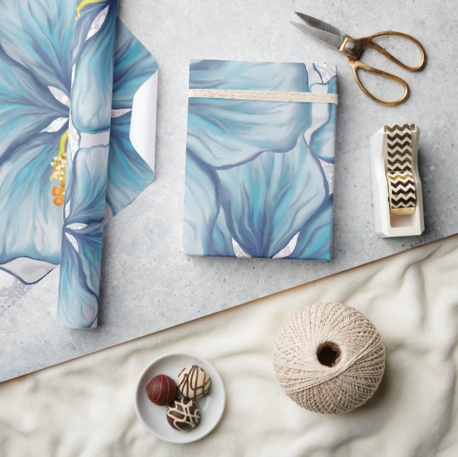 Papier Cadeau Hibiscus & dentelle TURQUOISE (Artisanat)