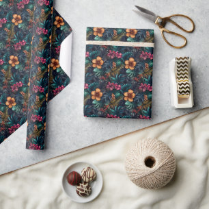 Papier Cadeau Hibiscus et feuilles tropicales foncés