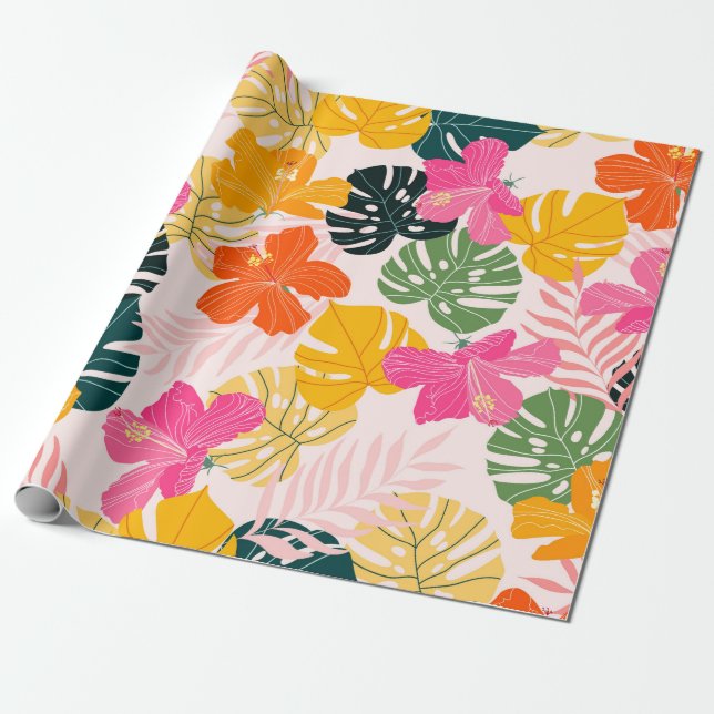 Papier Cadeau Hibiscus et monstère feuille motif tropical desi (Déroulé)