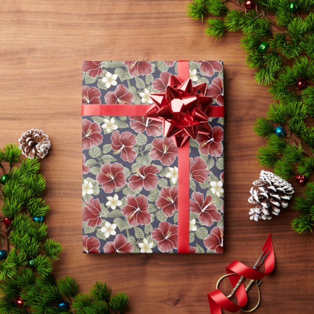Papier Cadeau Hibiscus et Plumeria - Maroon (Cadeau de vacances)