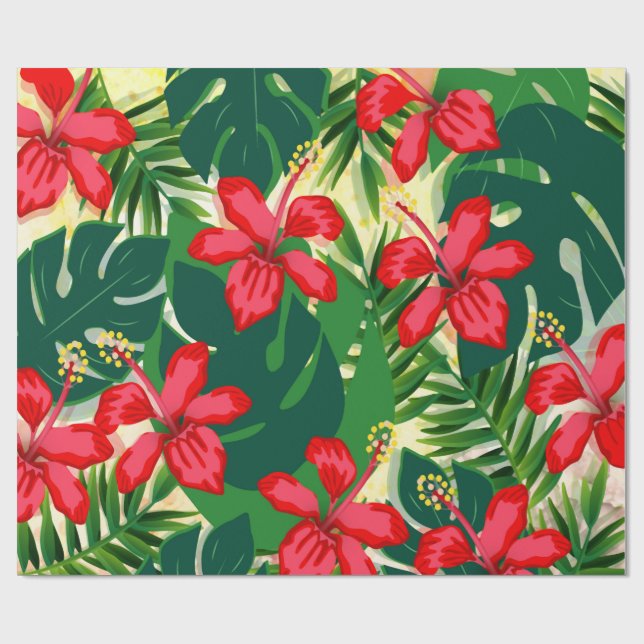 Papier Cadeau Hibiscus Fleurs rouges Tropical Green (Plat)