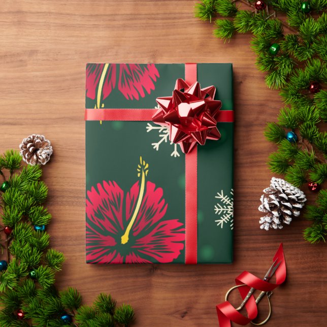 Papier Cadeau Hibiscus floral tropical Snowflakes Noël | (Cadeau de vacances)
