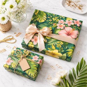 Papier Cadeau Hibiscus Floral Tropical Teal Foncé 