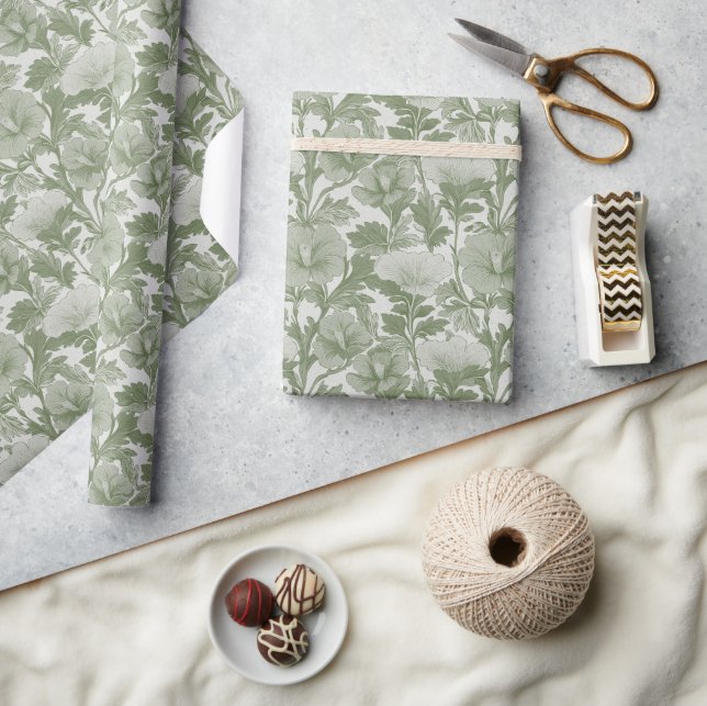 Papier Cadeau Hibiscus floral vert sauge  (Artisanat)