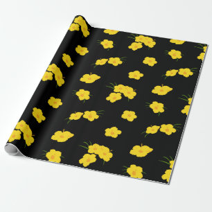 Papier Cadeau Hibiscus jaune exotique sur noir
