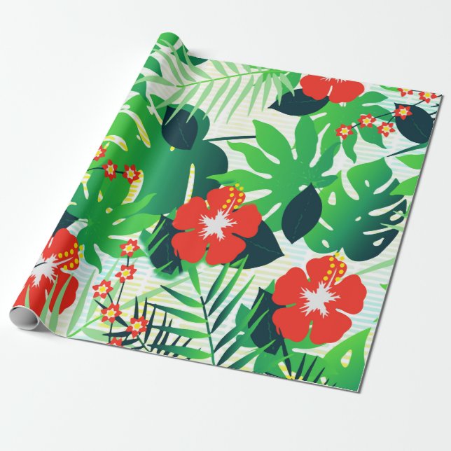 Papier Cadeau Hibiscus orange tropical Feuilles de la Monstère v (Déroulé)