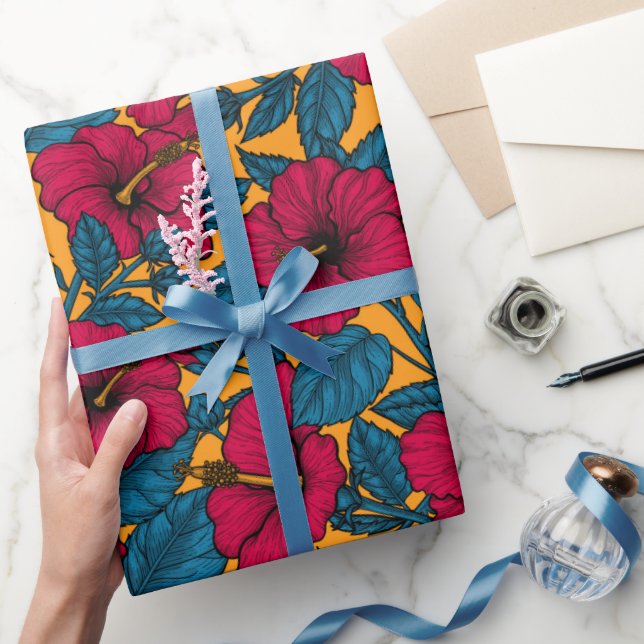 Papier Cadeau hibiscus rouge sur orange (Cadeaux)