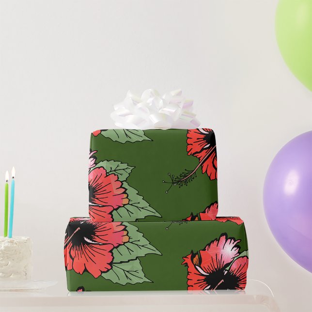 Papier Cadeau Hibiscus rouge tropical avec Feuilles verts (Créateur téléchargé)