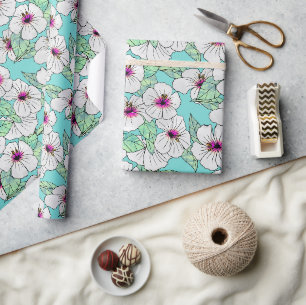 Papier Cadeau Hibiscus tropical rose et blanc Motif floral
