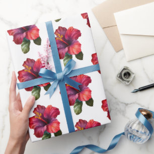 Papier Cadeau Hibiscus Tropical Rouge Mariage Floral
