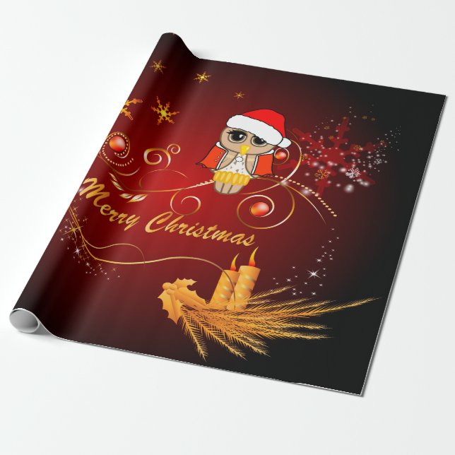 Papier Cadeau Hibou mignon de Noël avec des flocons de neige (Déroulé)