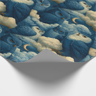 Papier Cadeau Hiboux bleus et nuages de nuit étoilée pour la fêt