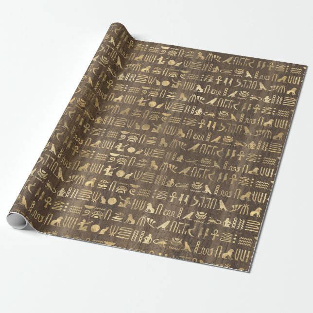 Papier Cadeau Hiéroglyphes d'Égypte d'or sur les Brown (Déroulé)