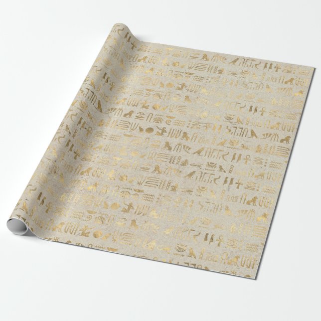 Papier Cadeau Hiéroglyphes d'Égypte d'or sur l'ivoire (Déroulé)