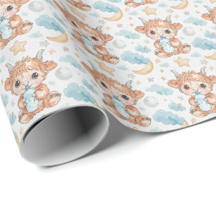 Papier Cadeau Highland Cow Cute Baby Motif d'aquarelle