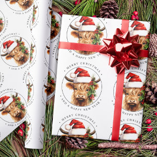 Papier Cadeau Highland Cow Festive Animal de ferme Joyeux Noël