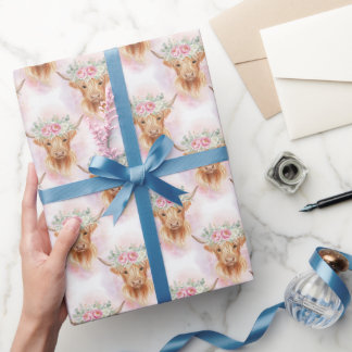 Papier Cadeau Highland Cows Pink Florals Baby Shower Birthday