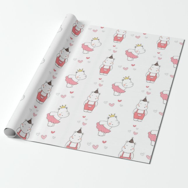 Papier Cadeau Hippo Valentines Love Motif (Déroulé)
