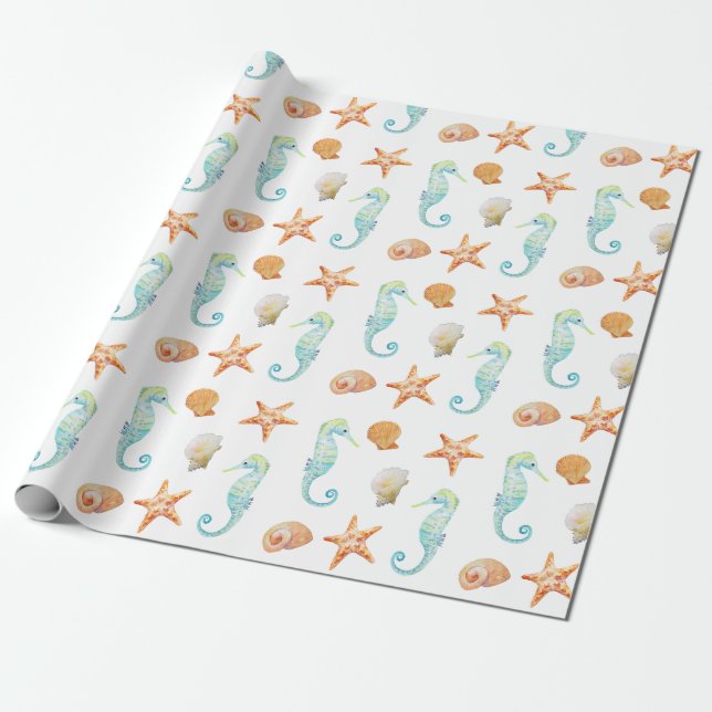 Papier Cadeau Hippocampe et étoiles de mer (Déroulé)