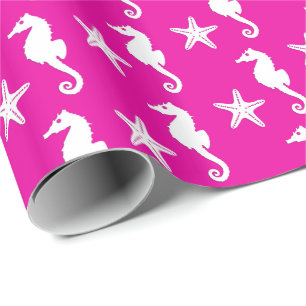 Papier Cadeau Hippocampe et étoiles de mer - blanc sur le rose