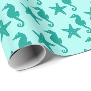 Papier Cadeau Hippocampe et poisson étoile - turquoise et aqua