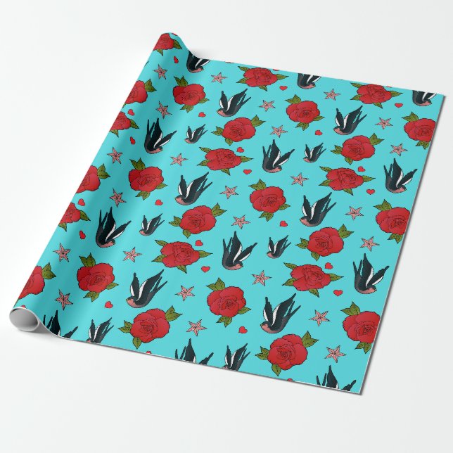 Papier Cadeau Hirondelles de tatouage et Roses Rockabilly Annive (Déroulé)