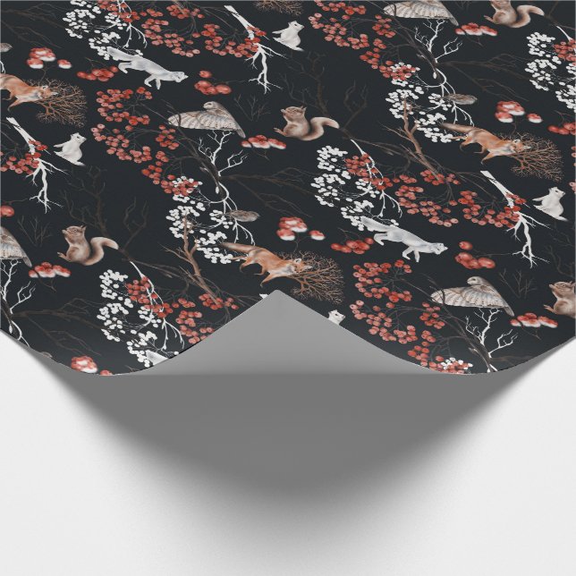 Papier Cadeau Hiver Bois Animaux Fêtes Noël (Coin)
