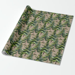 Papier Cadeau Hiver Bois Aquarelle Forêt de sapin Kraft