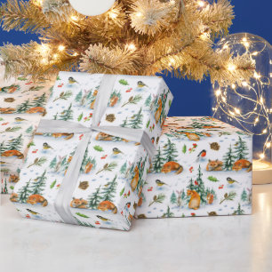 Papier Cadeau Hiver Confortable Nature Renard Lapin Oiseaux Cône