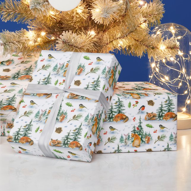 Papier Cadeau Hiver Cosy Nature Fox Rabbit Oiseaux Pine Cônes (Vacances)