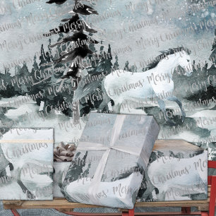Papier Cadeau Hiver Forêt de bois Cheval blanc Joyeux Noël