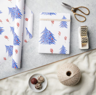 Papier Cadeau Hiver Ice Bleu Arbres Holly Berries Noël