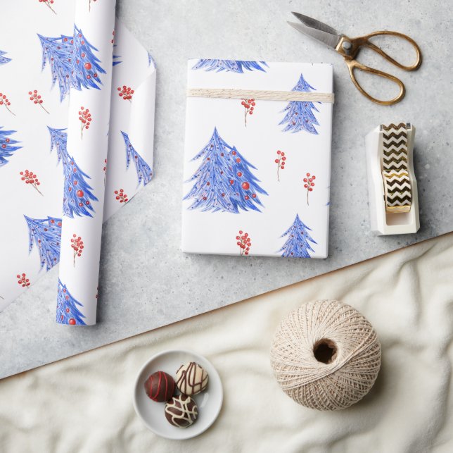Papier Cadeau Hiver Ice Bleu Arbres Holly Berries Noël (Artisanat)
