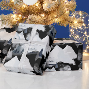 Papier Cadeau Hiver Noir Blanc Vapeur Pin Aquarelle
